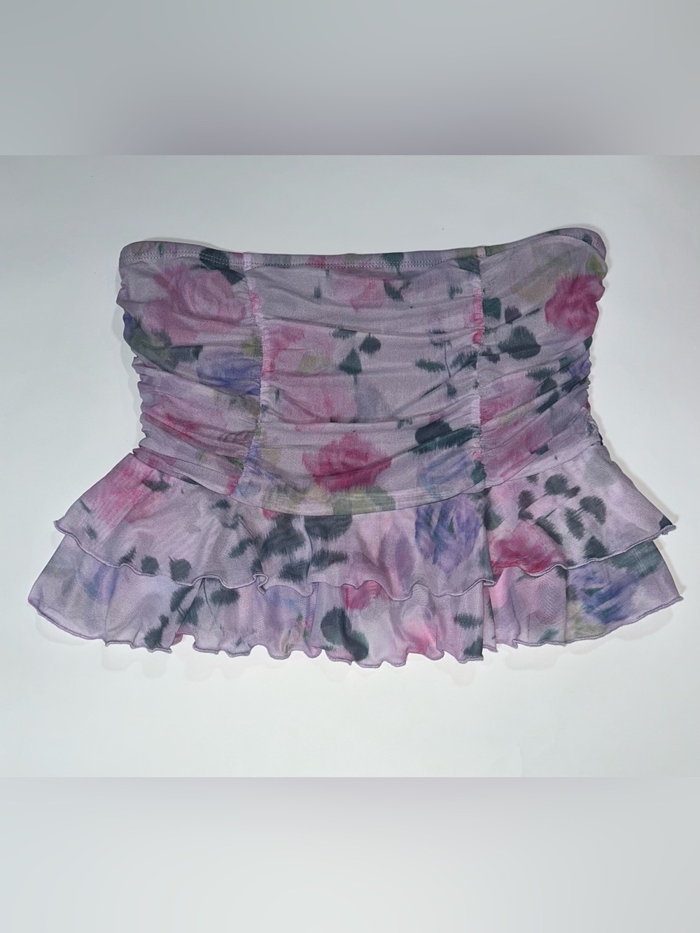 Frankee & Skylar Floral Mesh Ruched Strapless Tube Top Size L Ruffle Hem